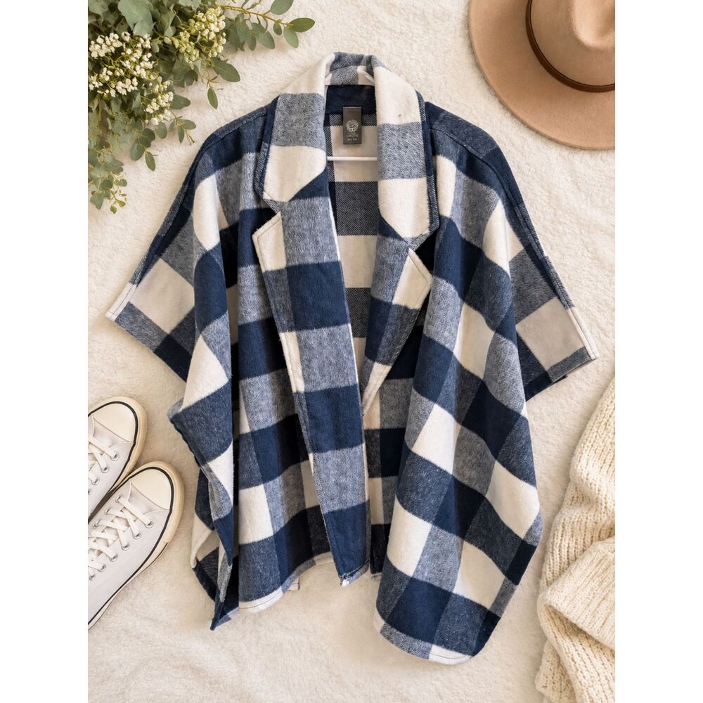 Vince Camuto Plaid Cape Wrap Navy Blue Cream Wool Blend One Size